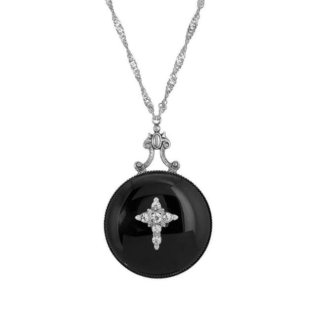 1928 Silver Tone Round Stone & Simulated Crystal Cross Pendant Necklace, Womens Black Product Image