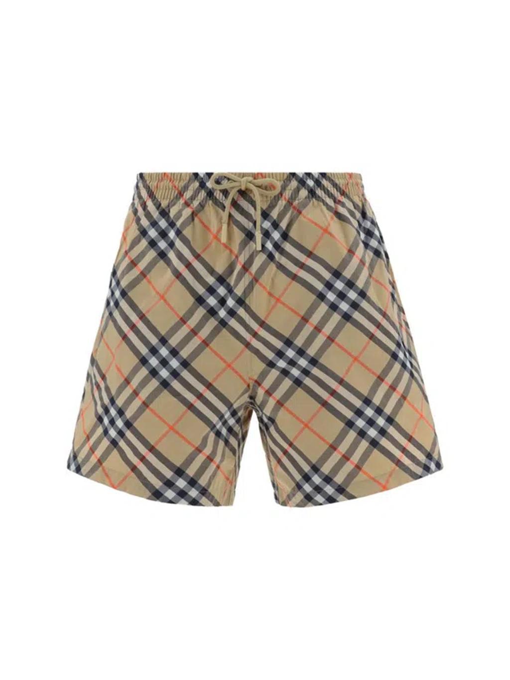 Check Printed Drawstring Swim Shorts In Beige Product Image