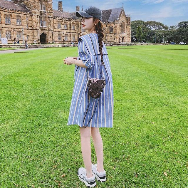 Puff-Sleeve Sailor Collar Striped Shirt Dress Product Image