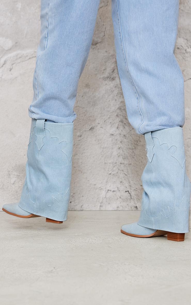 Blue Denim Point Toe Block Heel Fold Over Western Boot Product Image