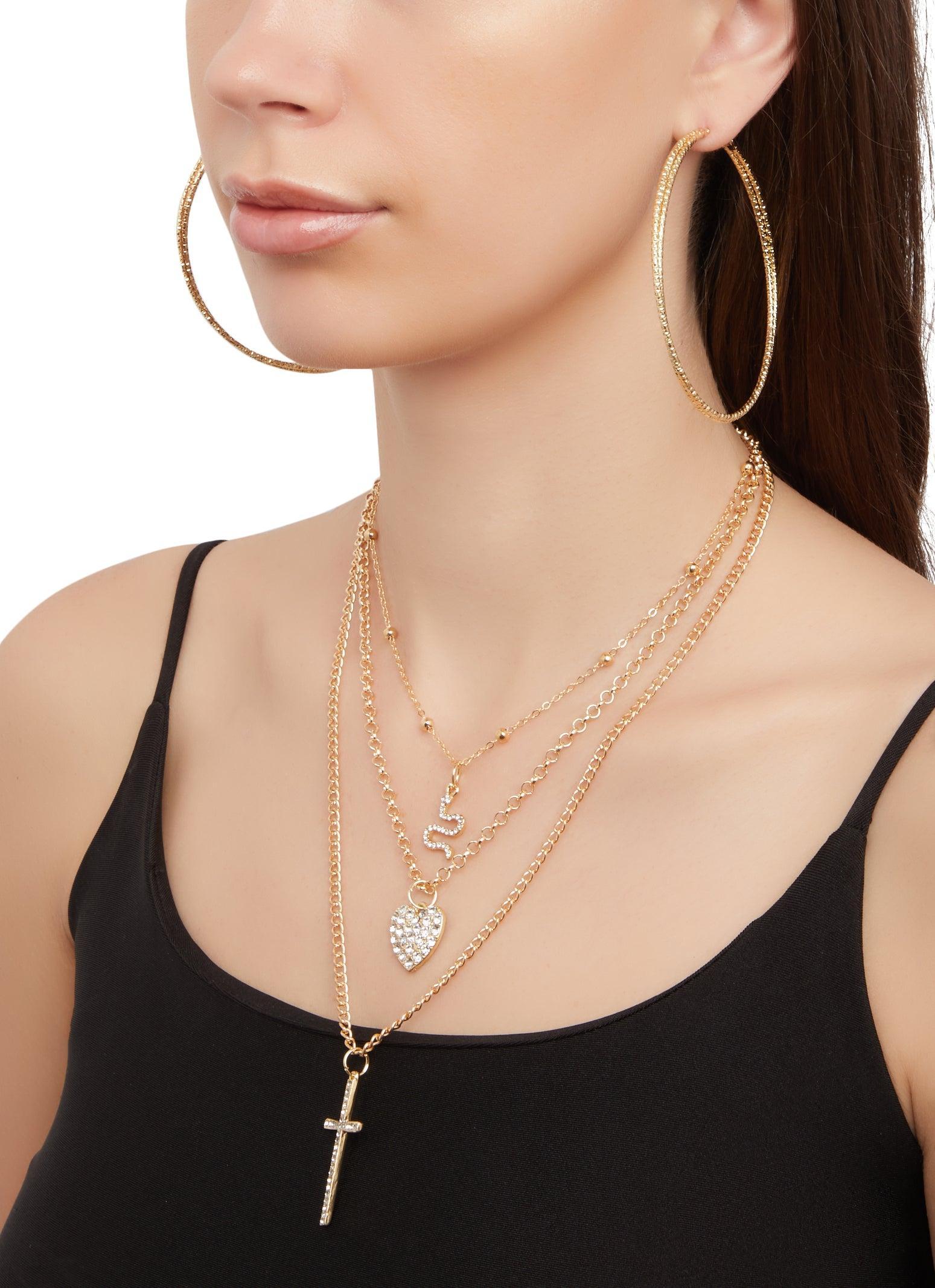 Rhinestone Snake Layered Chain Necklace and Hoop Earrings Trio Female Product Image