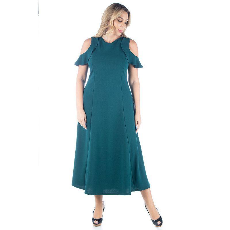 Plus Size 24seven Comfort Apparel Ruffle Cold Shoulder A-Line Maxi Dress, Womens Green Product Image