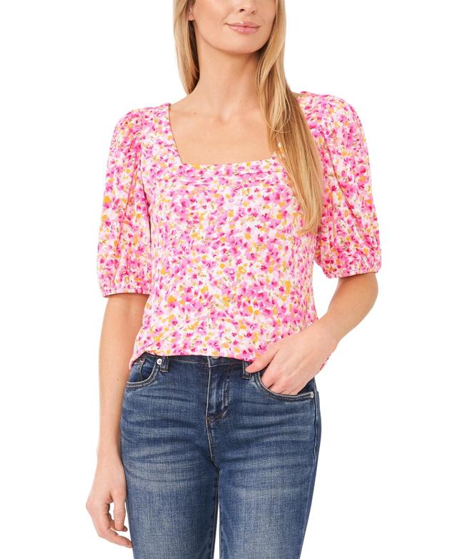 Women's Floral Print Square Neck Puff Sleeve Knit Top Product Image