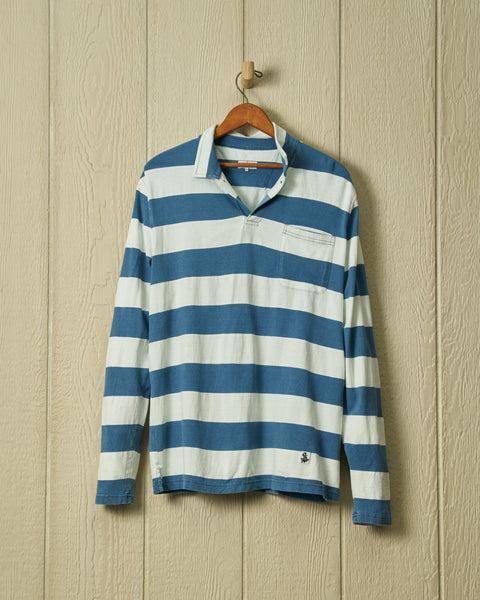 Long Sleeve Indigo Polo in Blue/White Rugby Stripe Product Image