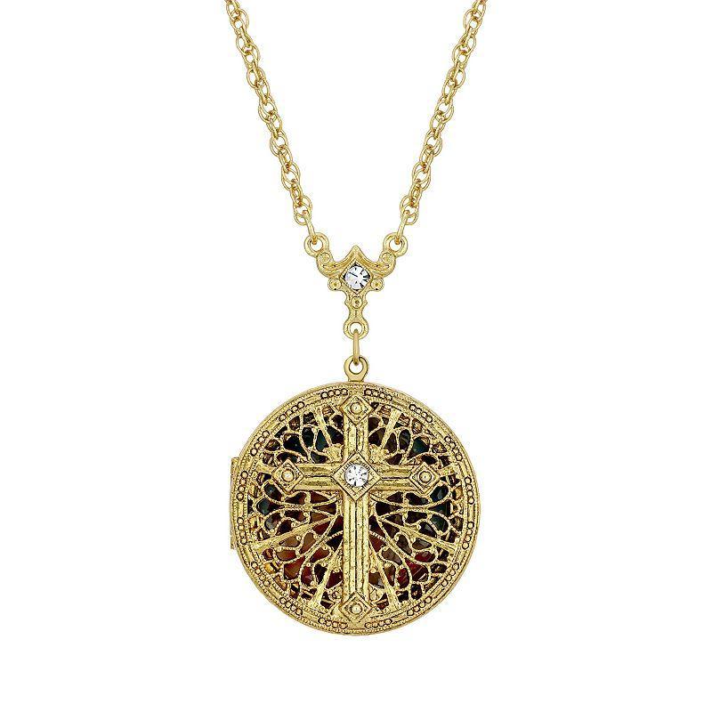 Symbols of Faith Crystal Cross Mary and Child Locket Necklace, Womens, Gold Tone Product Image