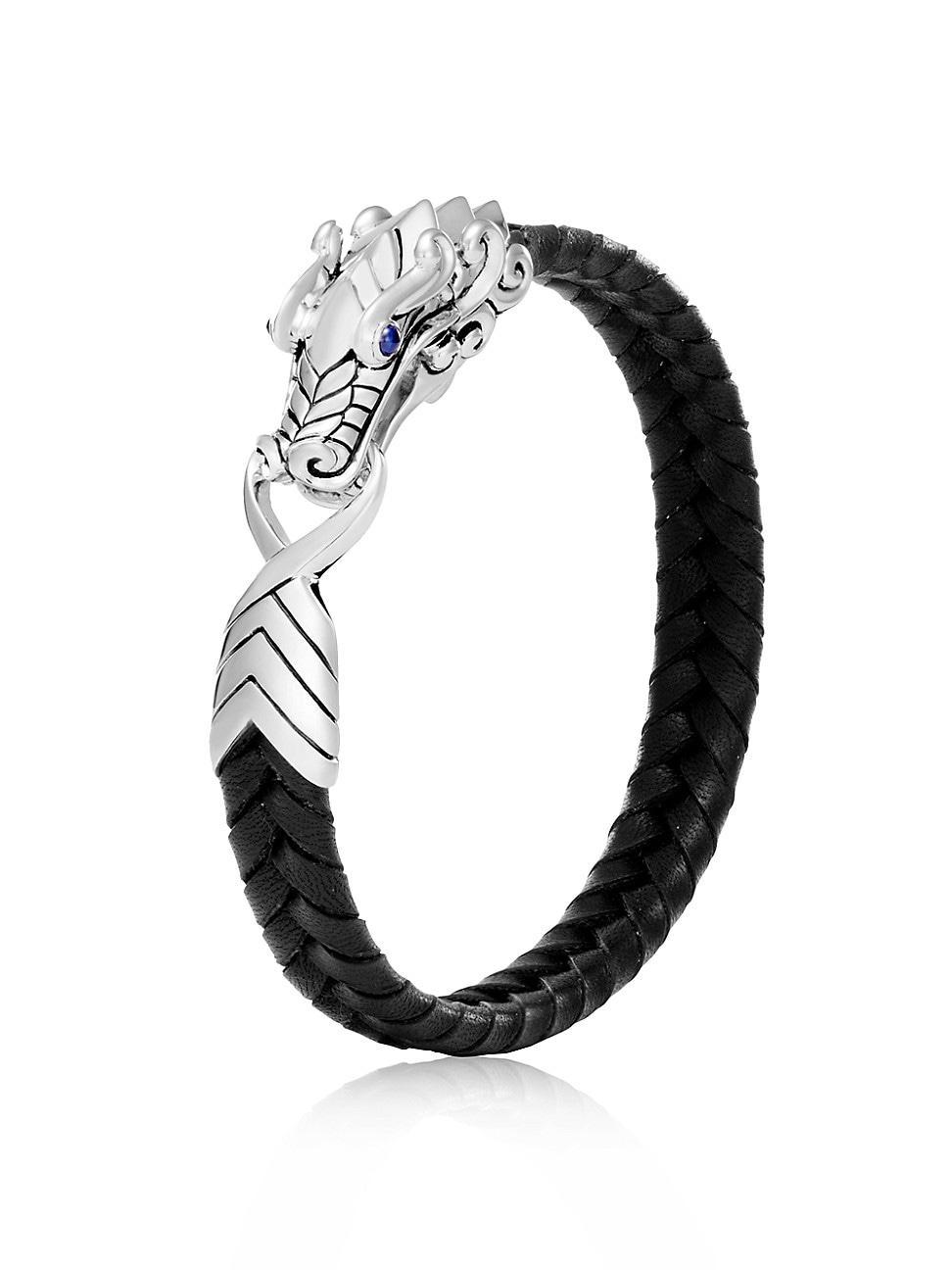 John Hardy Mens Sterling Silver Legends Naga Bracelet with Braided Black Leather and Sapphire Eyes Product Image