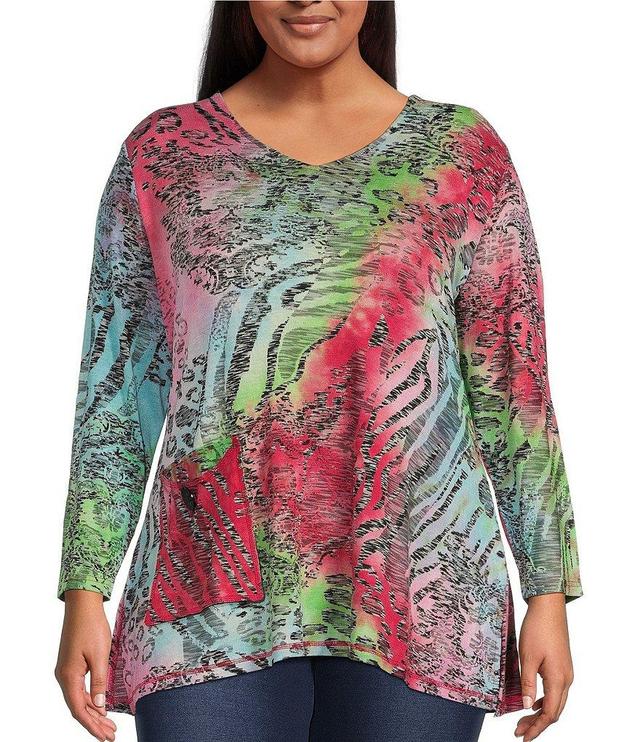 Calessa Plus Size Jacquard Tie Dyed Knit V-Neck 3/4 Bell Sleeve Tunic Product Image