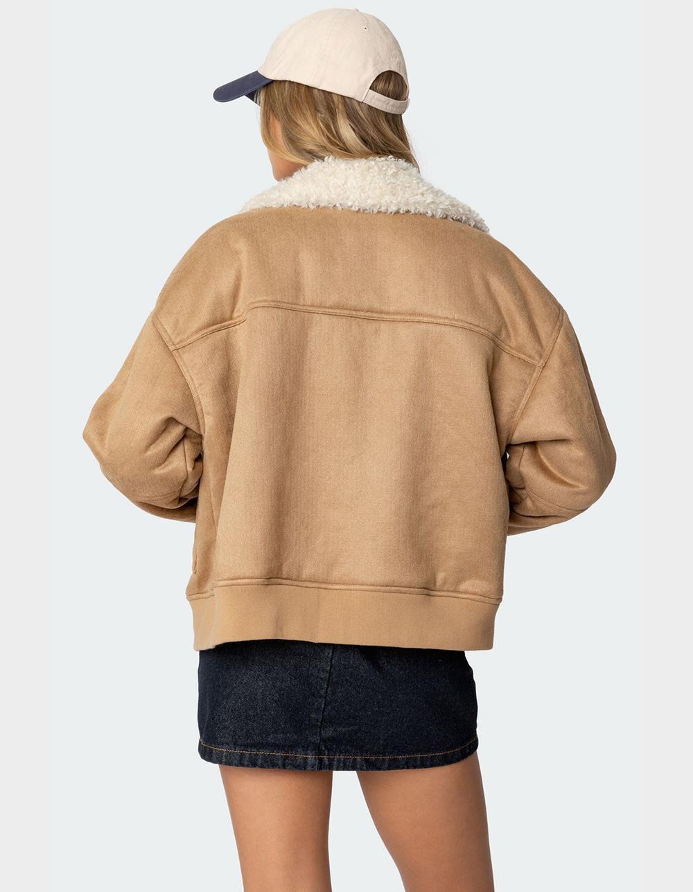 EDIKTED Faux Suede Shearling Bomber Jacket Product Image