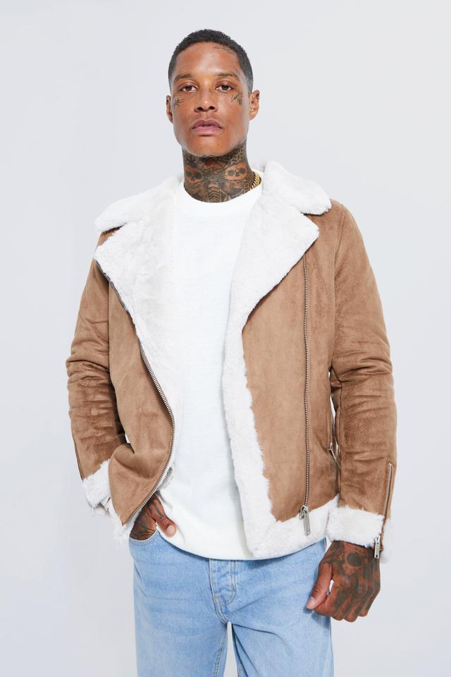 Faux Fur Lined Suede Aviator Jacket | boohooMAN USA Product Image