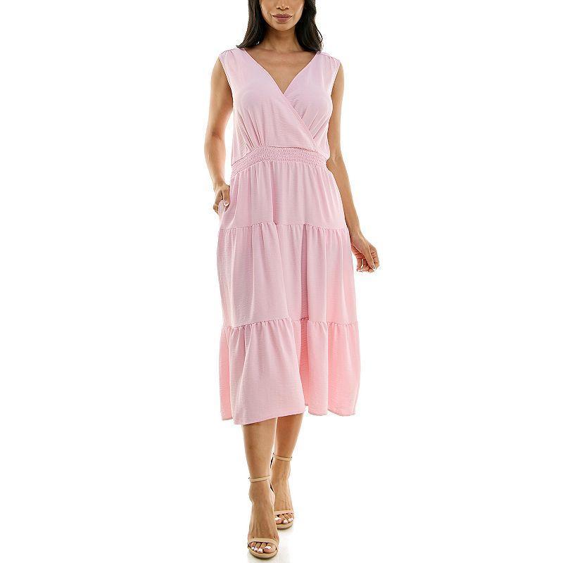 Womens Nina Leonard Tiered Smocked Midi Dress Pink Product Image