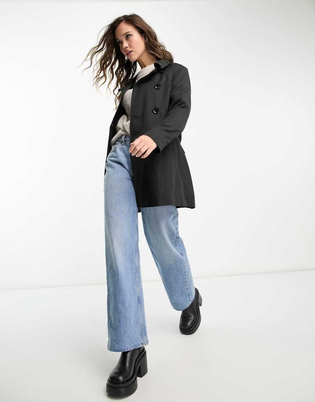 Only button detail short trench coat in black  Product Image