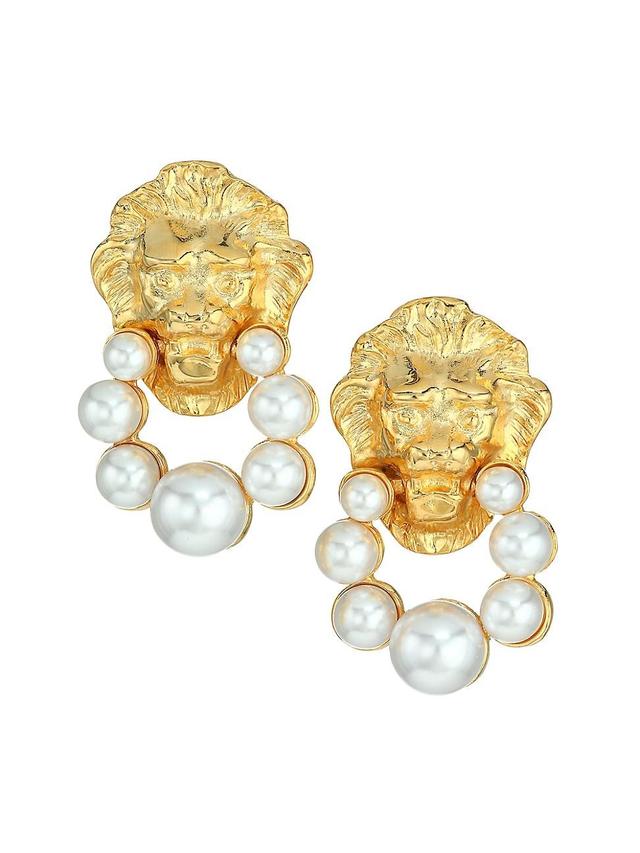 Womens 22K Goldplated & Faux Pearl Lion Head Doorknocker Clip-On Earrings - Gold Pearl Product Image