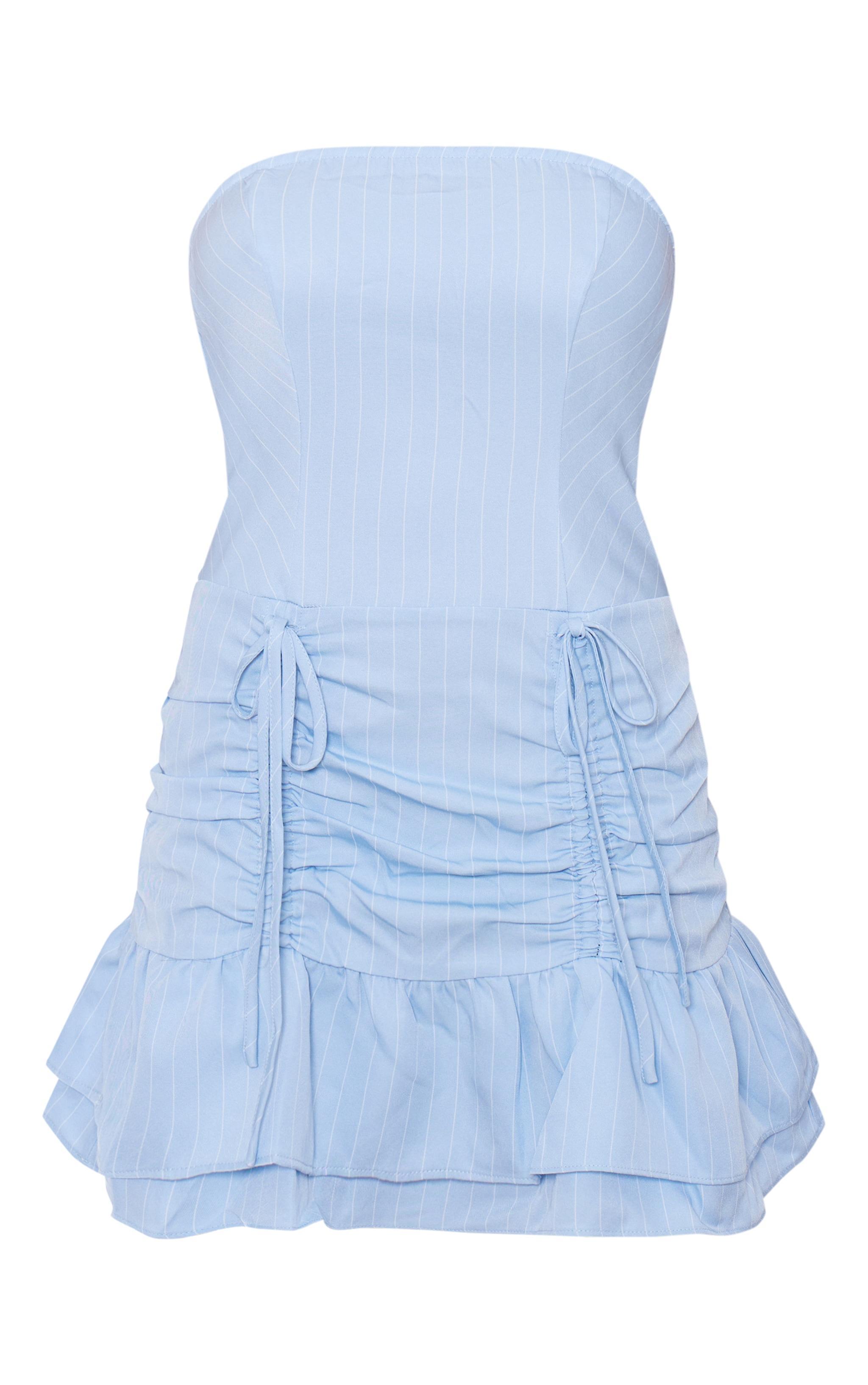 Blue Pinstripe Tailored Woven Ruched Tiered Shift Dress Product Image