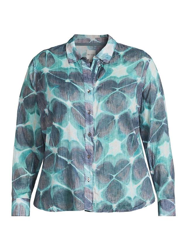 NIC+ZOE Plus Size Ethereal Seas Crinkle Shirt (Aqua Multi) Women's Clothing Product Image