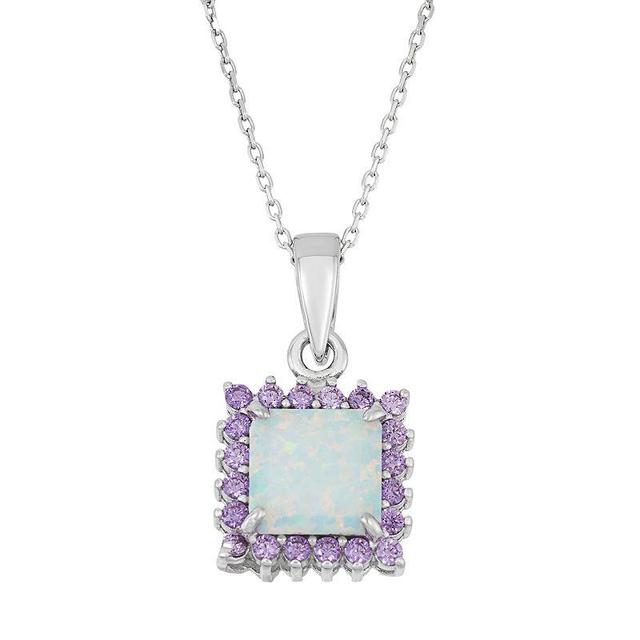 Sterling Silver Lab-Created Opal & Cubic Zirconia Square Halo Pendant, Womens Multicolor Product Image