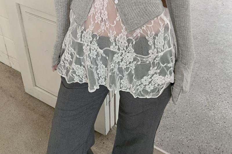 Round Neck Plain Cardigan / Halter V-Neck Plain Lace Top Product Image