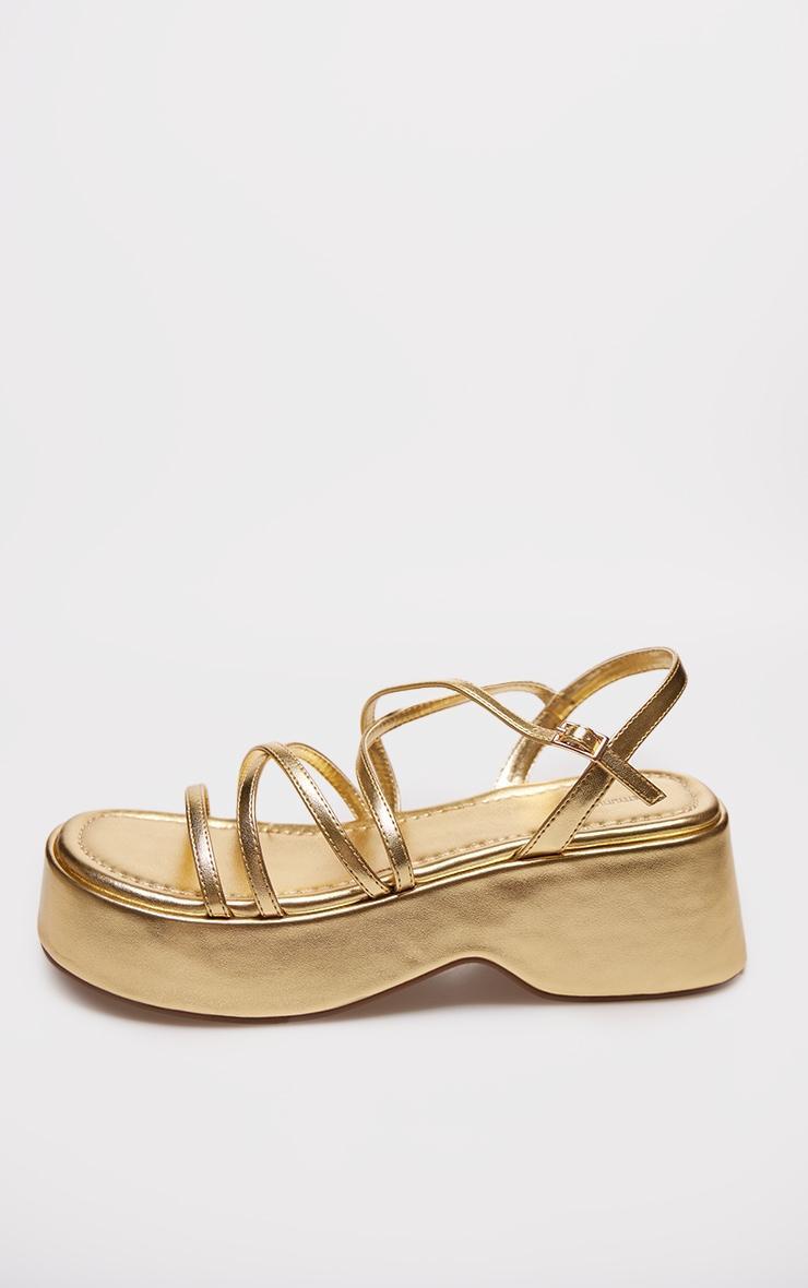 Gold PU Strappy Cut Out Flatform Sandals Product Image