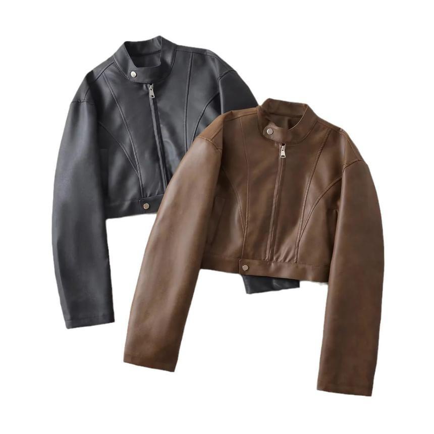 Faux Leather Zip-Up Crop Jacket Product Image