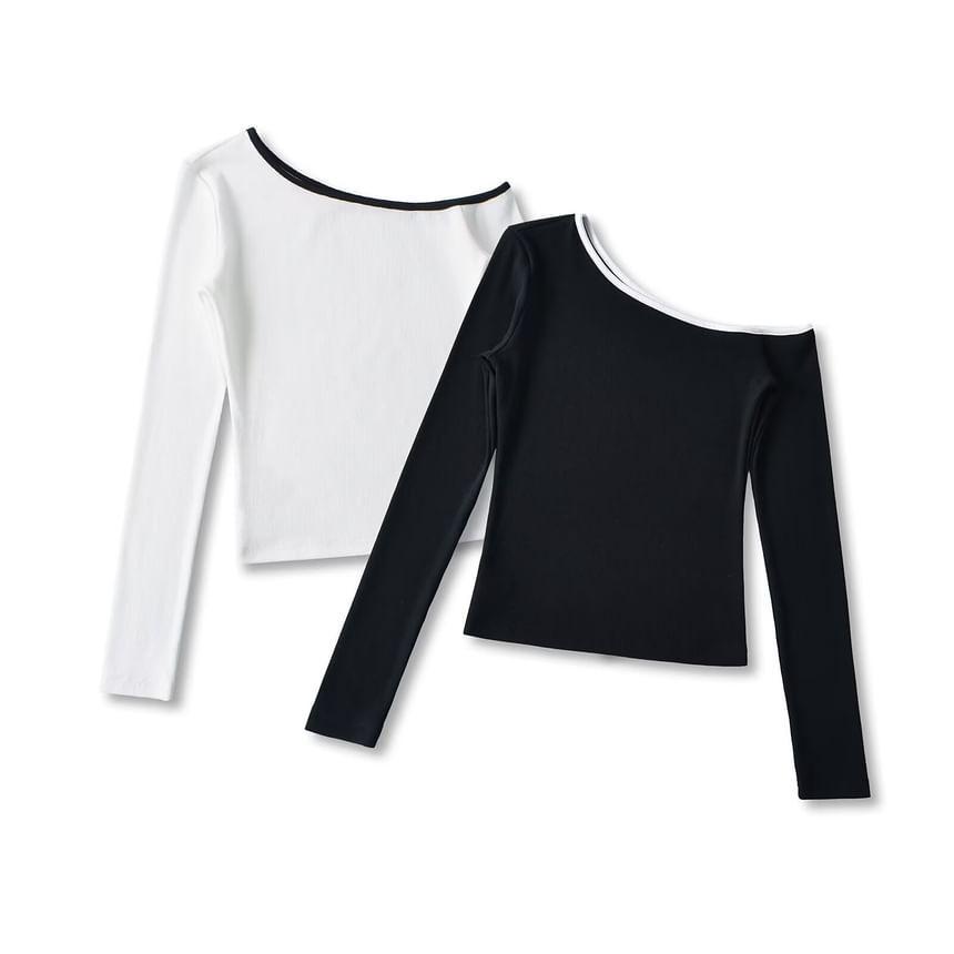 One-Shoulder Long-Sleeve Contrast Trim Tee Product Image