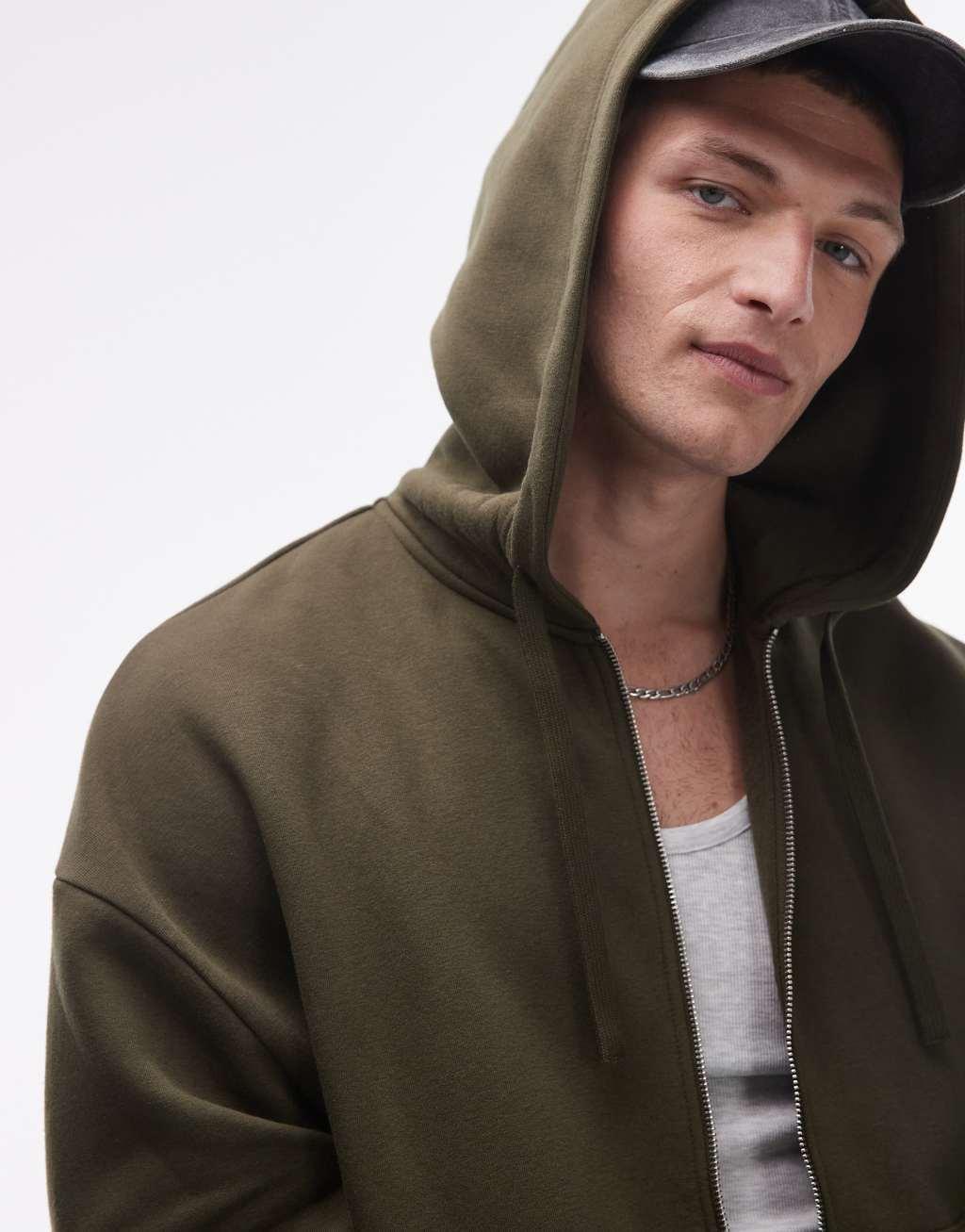 Topman oversized fit full zip hoodie in khaki Product Image