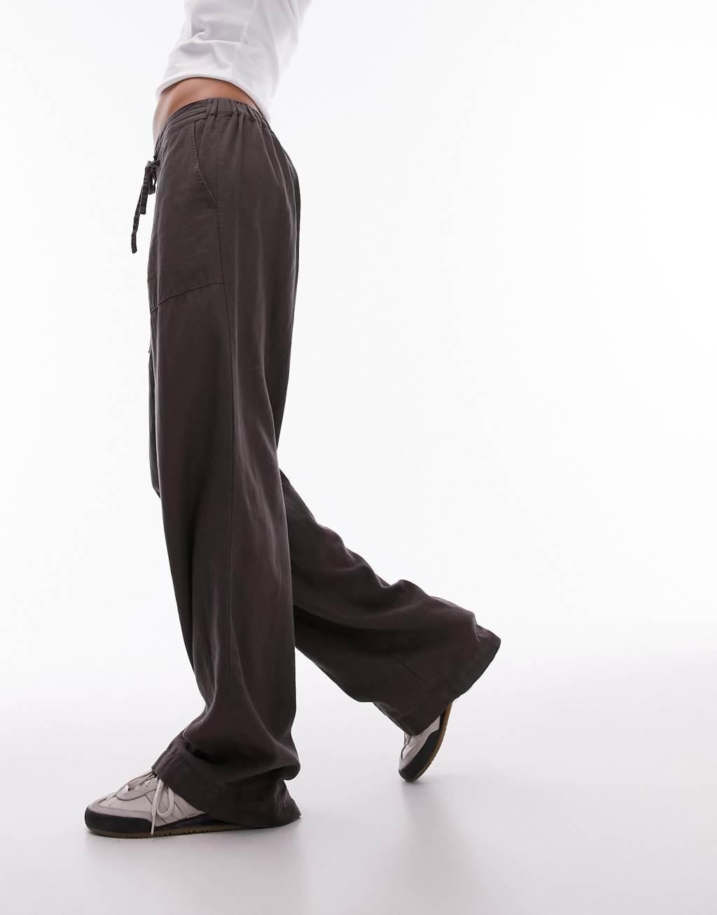 Topshop linen low rise draw cord waist straight leg pants in charcoal Product Image