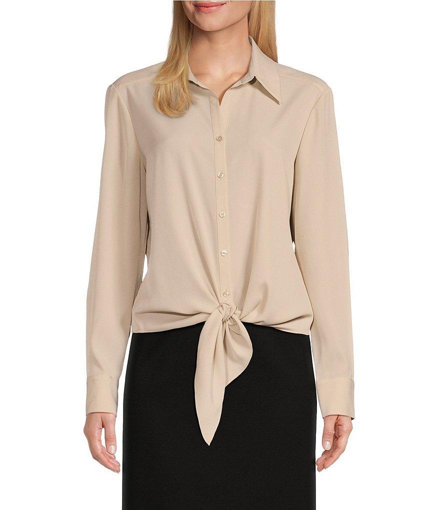 Preston & York Kinsley Tie Front Hem Button Front Collared Long Sleeve Shirt Product Image