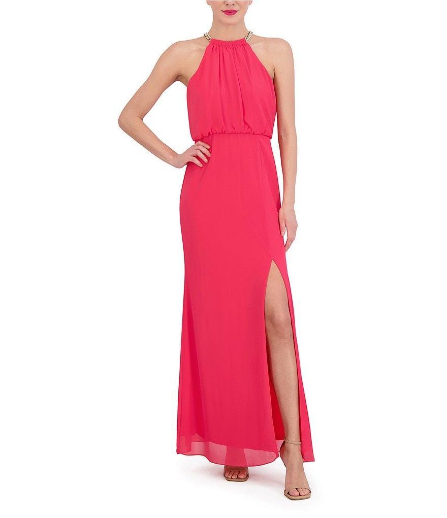 Vince Camuto Chain Halter Neck Sleeveless Side Slit A-Line Maxi Dress Product Image