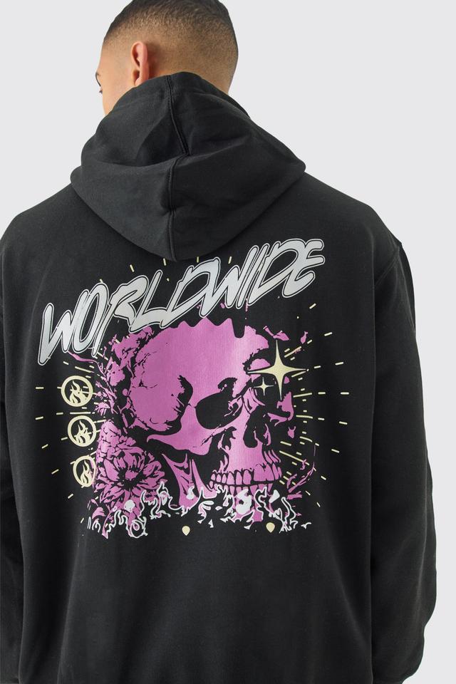 Mens Black Oversized Skull Worldwide Hoodie, Black Product Image