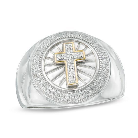 Men's 1/4 CT. T.w. Diamond Frame Cross Ring in Sterling Silver with Yellow Rhodium Product Image