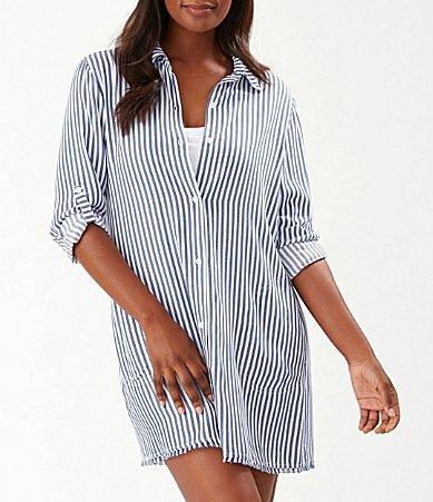 Tommy Bahama Chambray Stripe Long Sleeve Cover-Up Boyfriend Shirt Product Image