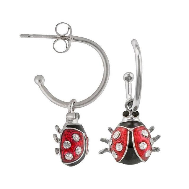 Silver Plated Crystal Ladybug Hoop Drop Earrings, Womens Product Image