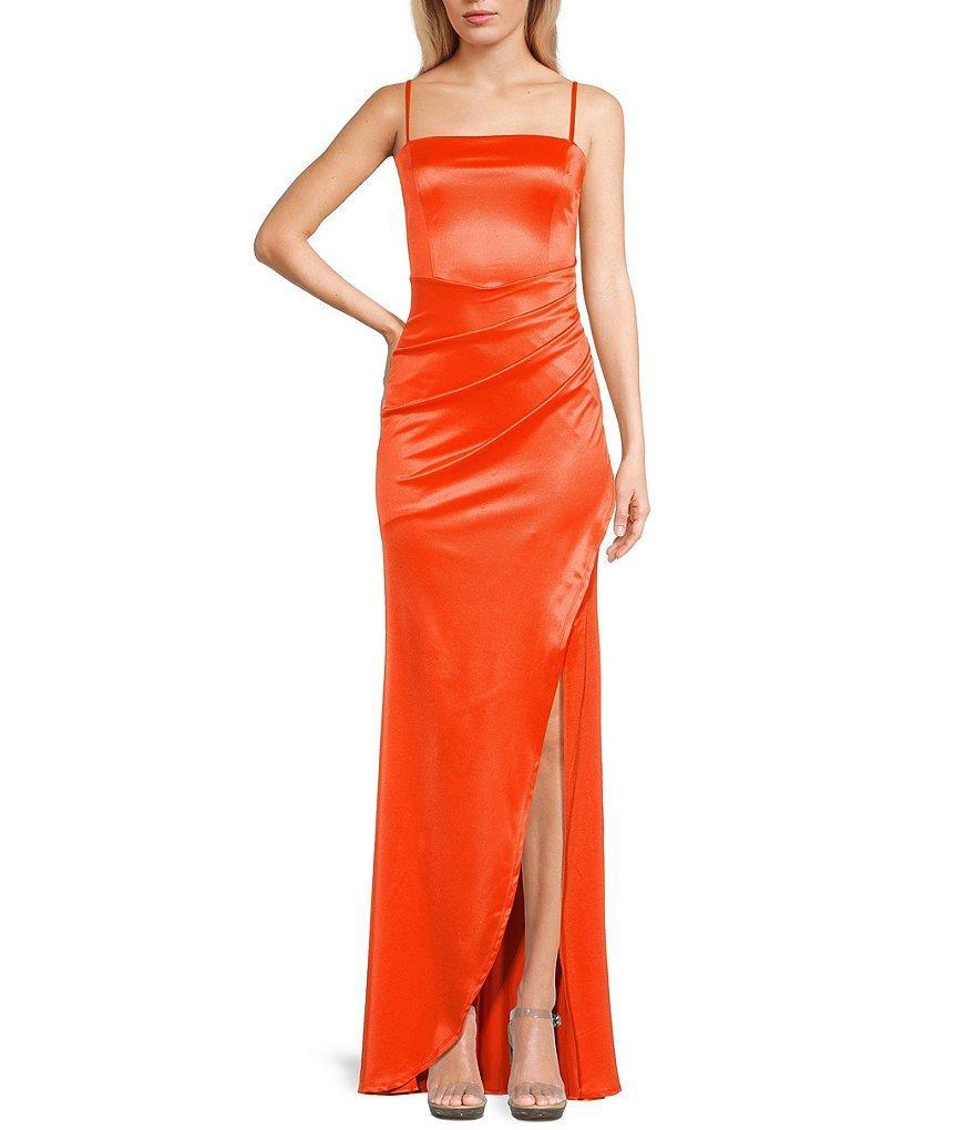 Honey and Rosie Spaghetti-Strap Square-Neck Faux-Wrap Slit Hem Stretch Satin Long Dress Product Image