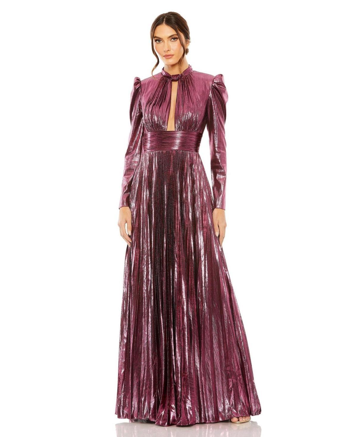 Womens Long Sleeve Keyhole Neck Heat Pleat Metallic Gown Product Image