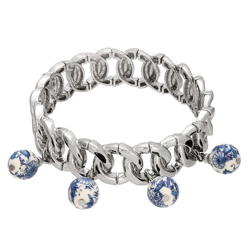 1928 Silver Tone Blue Floral Bead Stretch Bracelet, Womens Product Image