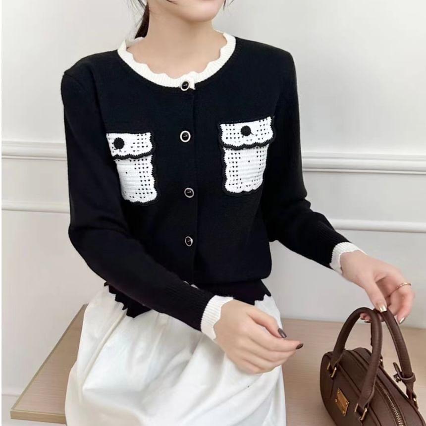 Crew Neck Contrast Trim Button-Up Cardigan Product Image