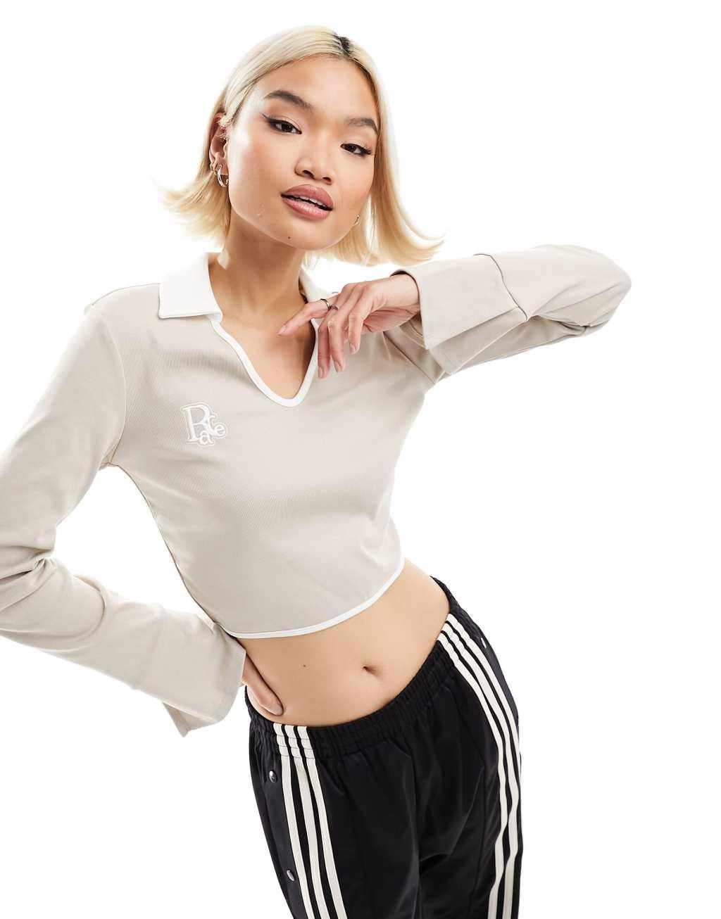 Urban Revivo long sleeve fitted crop t-shirt with contrast piping-Green Product Image