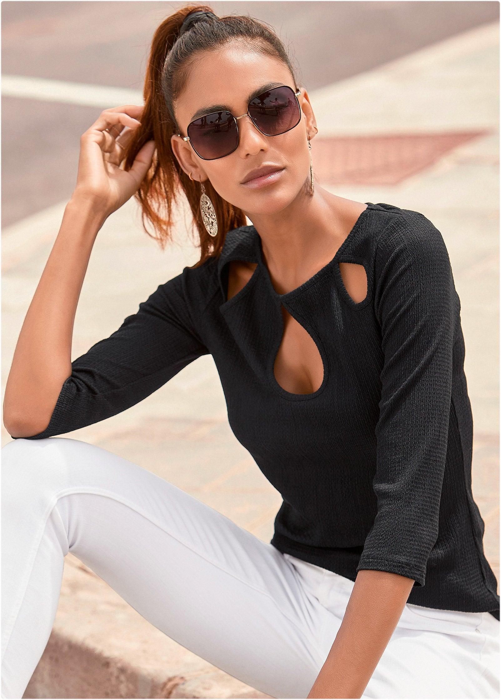 Cut Out Long Sleeve Top - Black Product Image