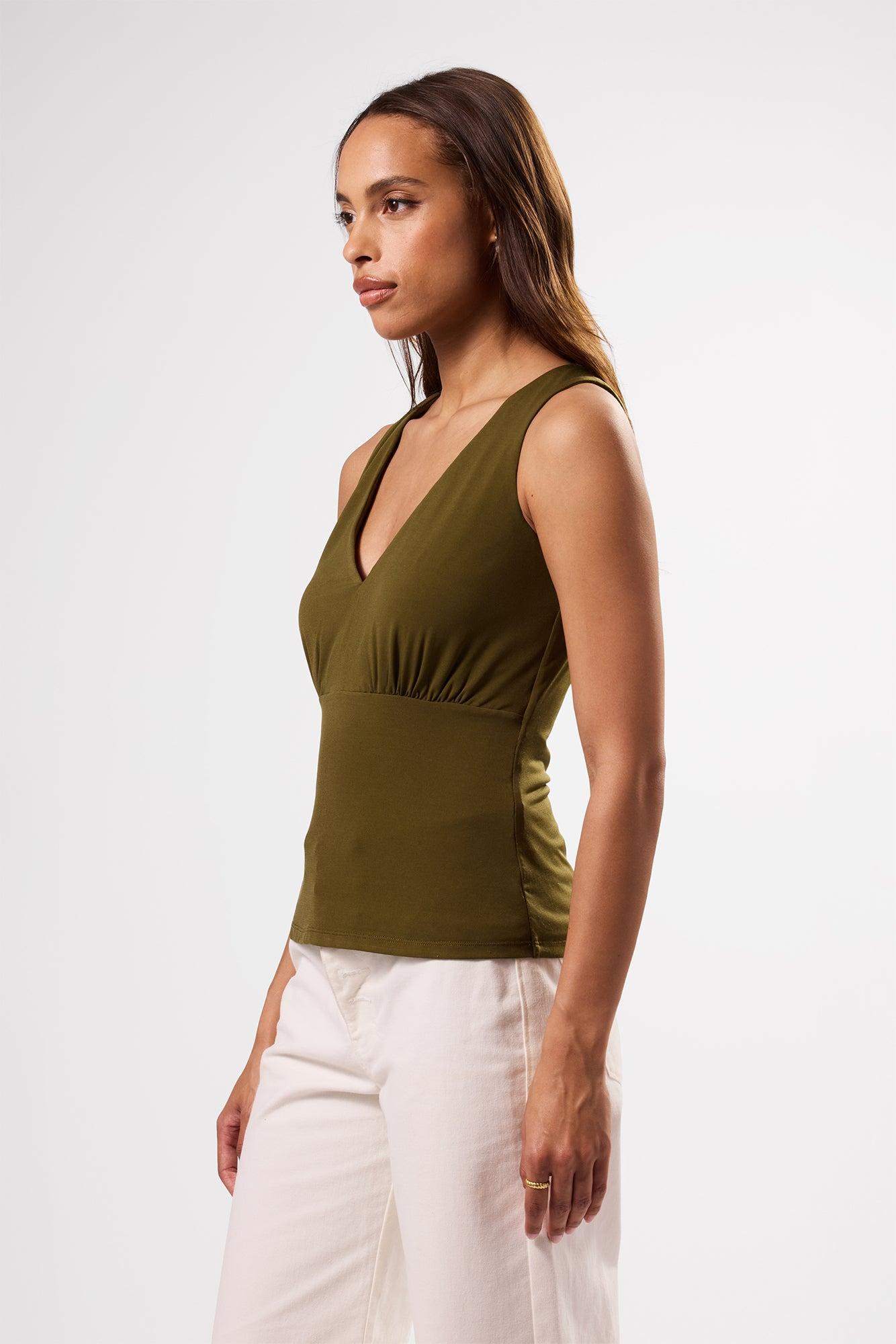 Zoe Deep V Tank - Olive Green Product Image