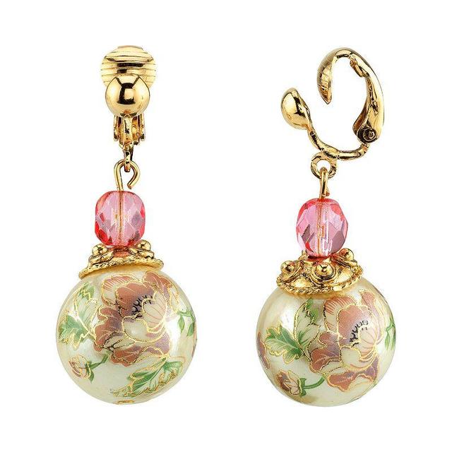 1928 Jewelry Gold Tone Flower Decal Pearl With Pink Crystal Clip Earrings, White Product Image