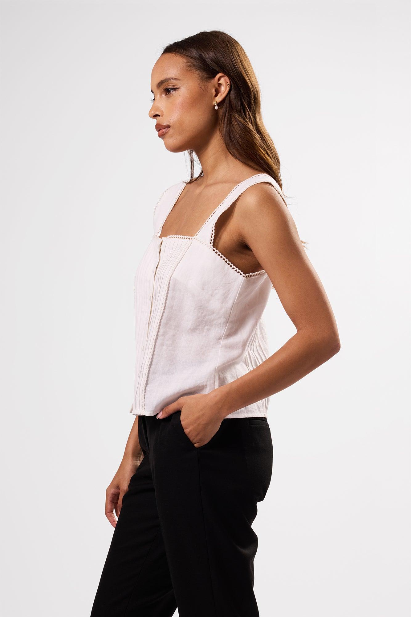 Crochet Trim Cotton Linen Tank - White Product Image