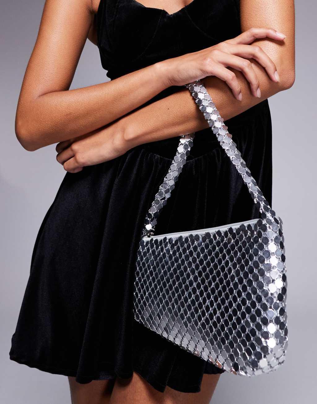 ASOS DESIGN asymmetric chainmail shoulder bag in silver Product Image