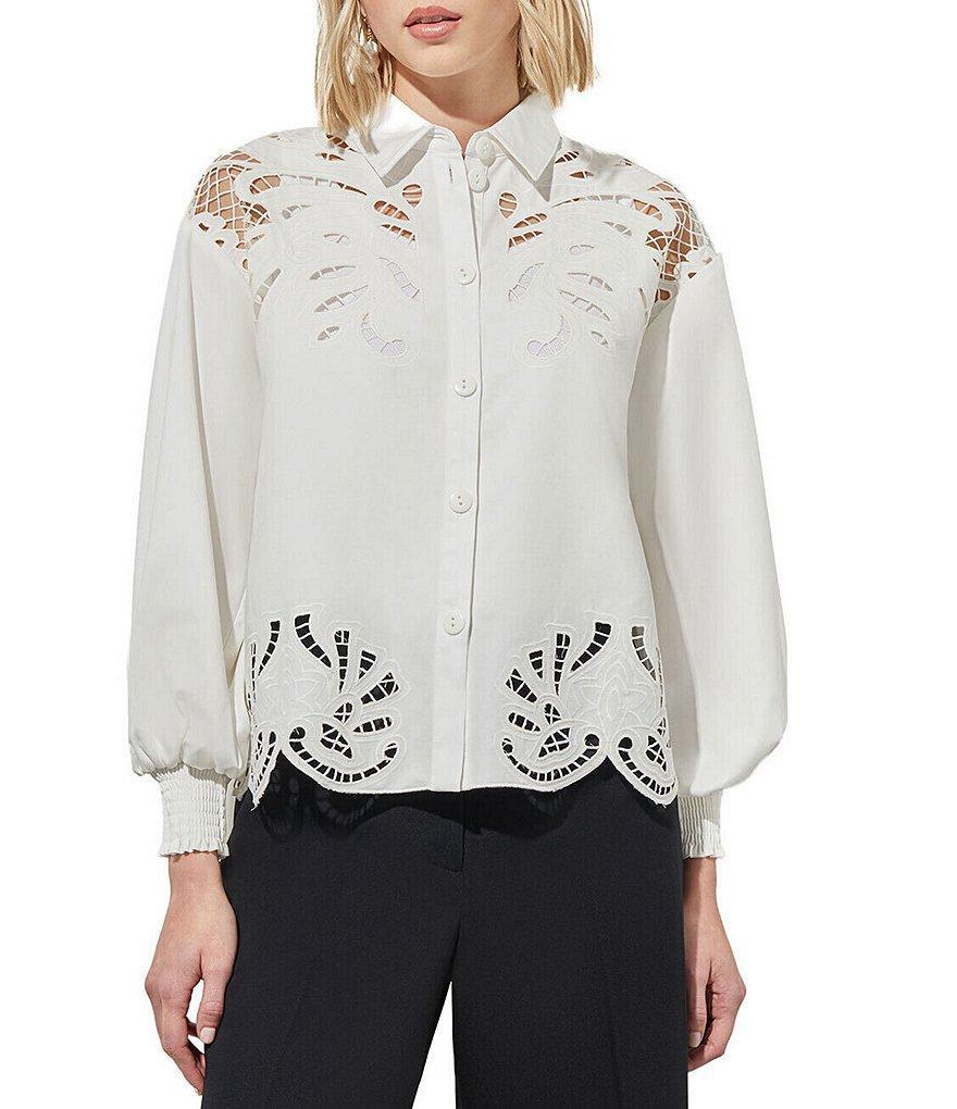 Ming Wang Western Stretch Cotton Floral Lace Cut-Out Point Collar Long Bishop Sleeve Blouse Product Image