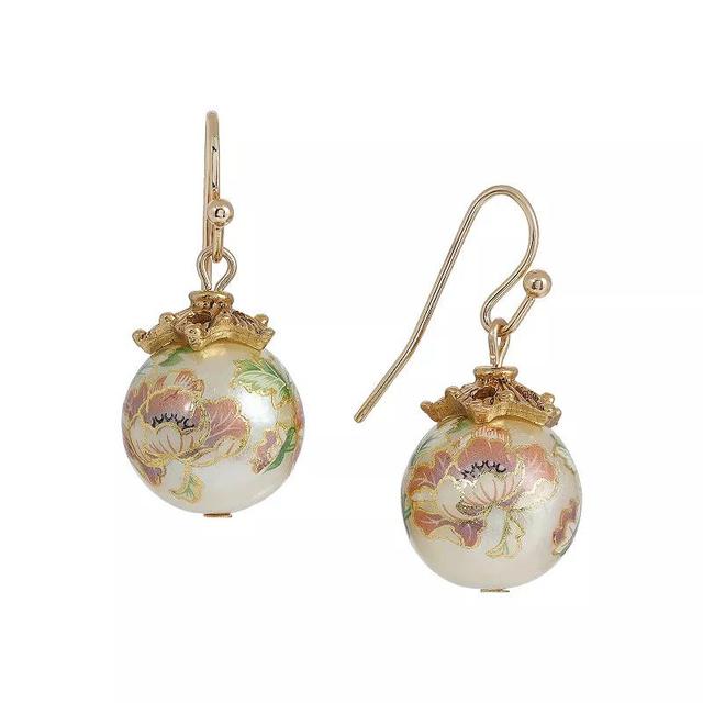 1928 Gold-Tone Floral Pearl Decal Wire Drop Earrings Product Image