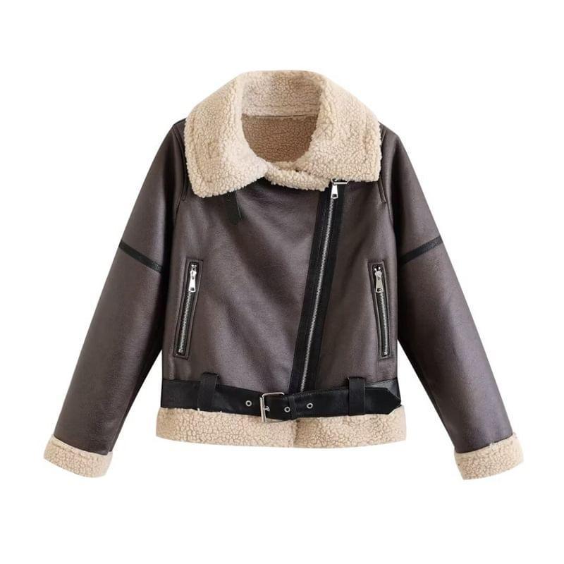 Fleece-Lined Faux Leather Belted Zip Biker Jacket Product Image