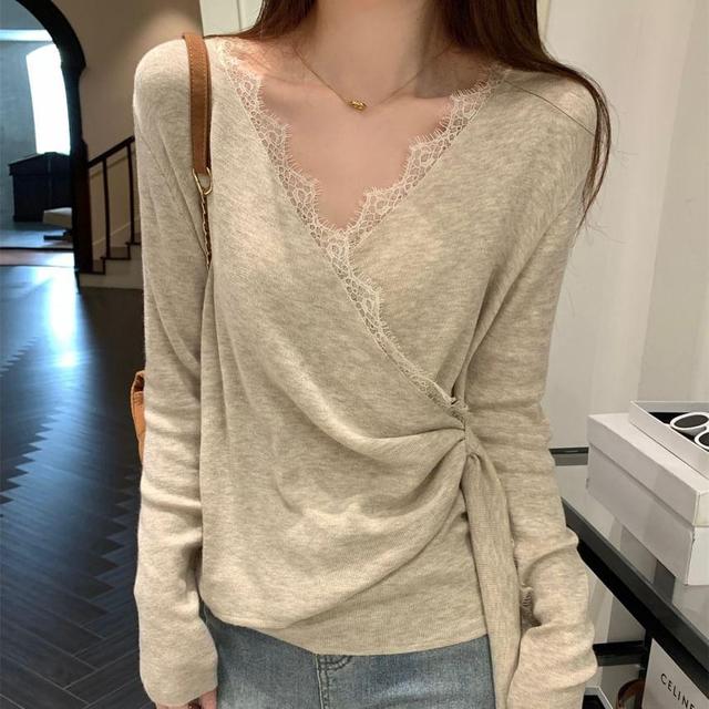 Long-Sleeve V-Neck Plain Lace Trim Wrap Knit Top Product Image