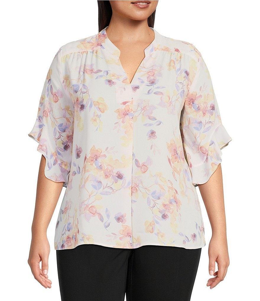 Investments Plus Size Woven Laikyn Signature Watercolor Bouquet Print V-Neck 3/4 Ruffled Sleeve Top Product Image