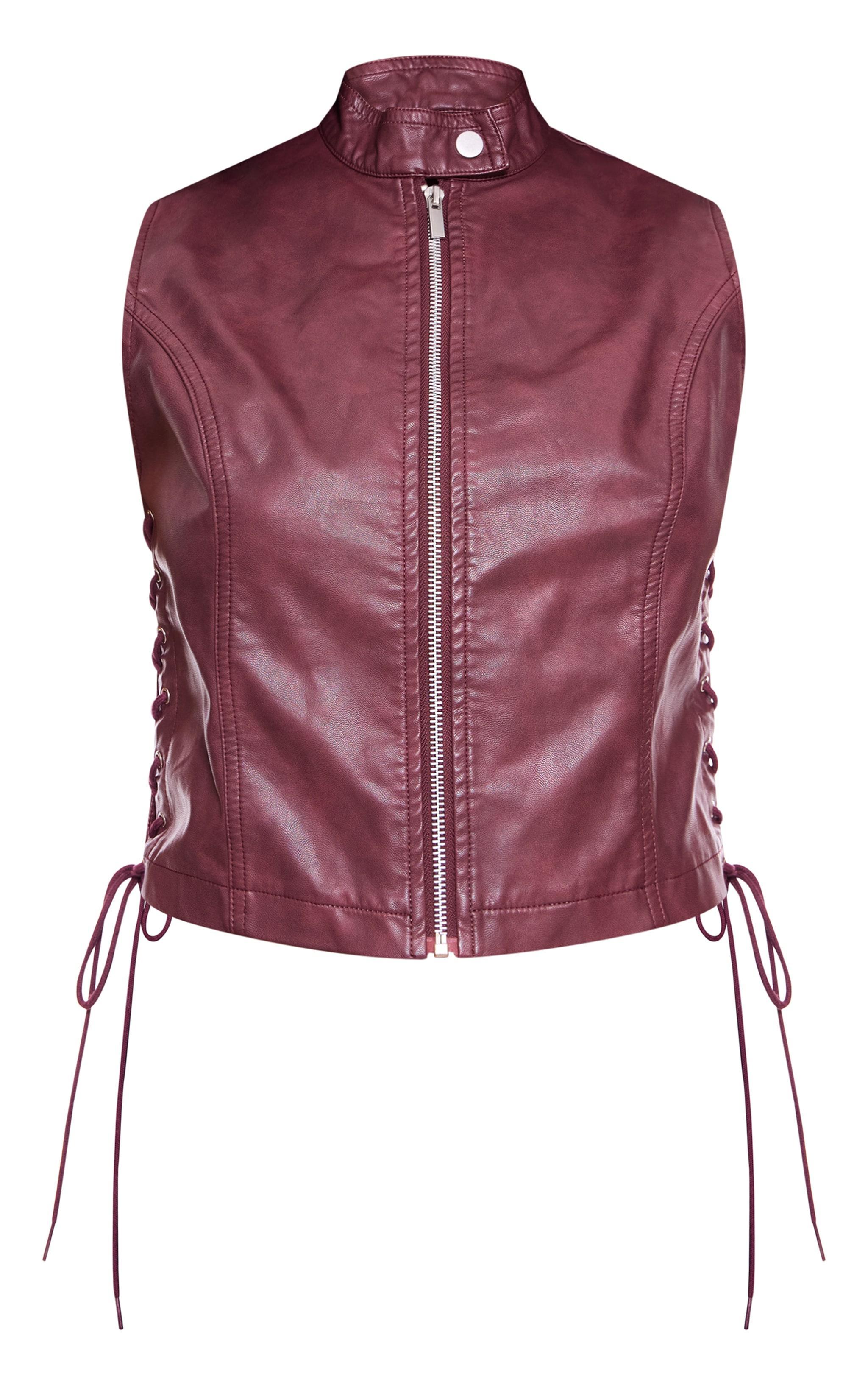 Maroon Washed Faux Leather Lace Up High Neck Zip Top Product Image