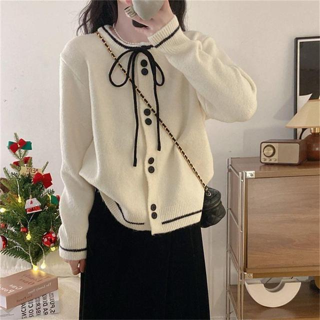 Round Neck Bow Striped Cardigan Product Image