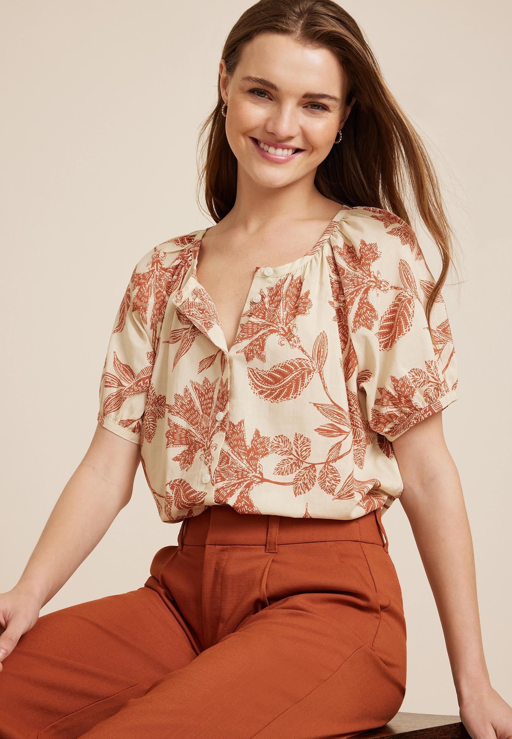 Floral Puff Sleeve Button Down Blouse Product Image