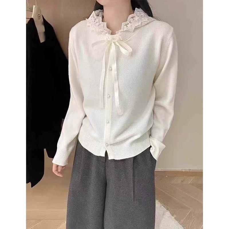 Plain Hooded Bow Lace Trim Cardigan Product Image